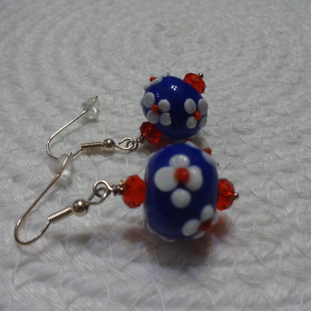 Unique WHITE FLOWERS on BLUE Lampwork Bead with RED CRYSTALS Handmade Earrings